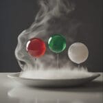 Colorful floating spheres hovering above a sleek base, with wisps of vapor enhancing the futuristic molecular dish.