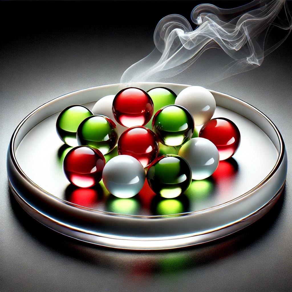 A molecular dish with glossy, floating spheres in vibrant colors and rising vapor over a sleek presentation base.