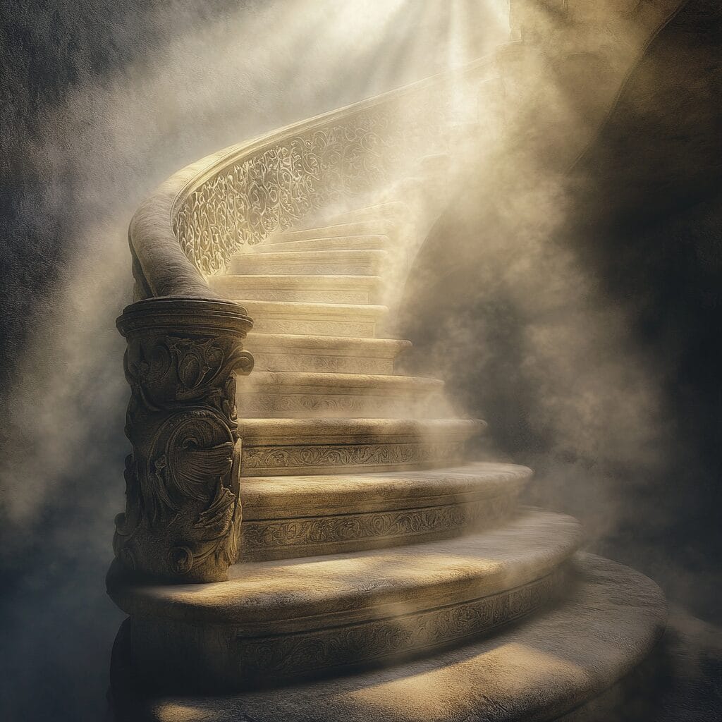 A spiraling stone staircase disappearing into a glowing mist, with intricate carvings and ethereal light rays piercing through the haze.