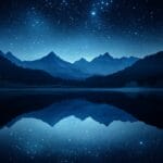 A starlit mountain landscape with glowing constellations reflected in a calm lake, creating a magical nighttime scene.