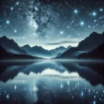 A starlit mountain landscape with glowing constellations reflected in a calm lake, creating a magical nighttime scene.