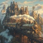 A detailed steampunk train with brass and copper elements, traveling through mountains filled with colossal steam-powered machines under a golden sunset.