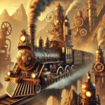 A steampunk train adorned with brass and gears, winding through a mountain landscape filled with massive steam-powered machines under a golden sunset.