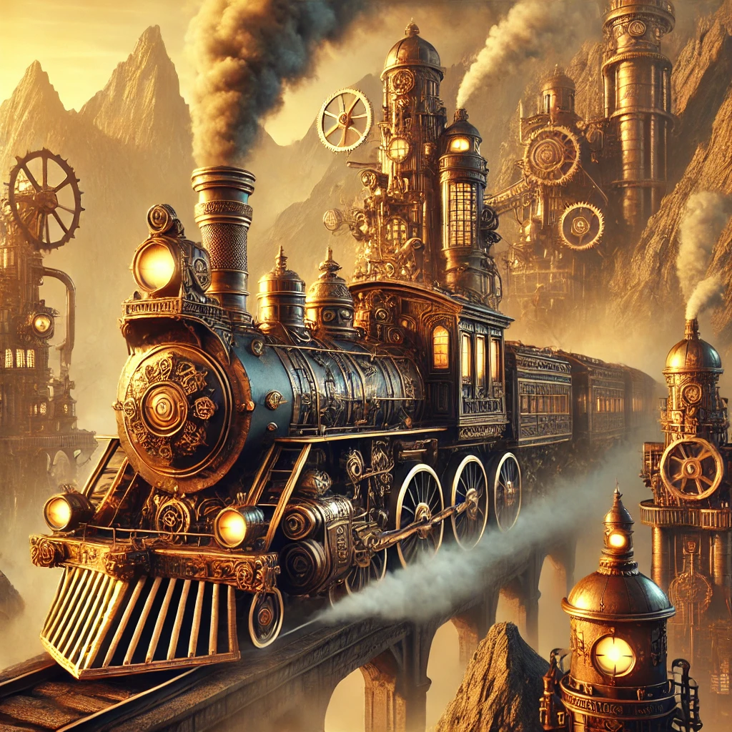 A steampunk train adorned with brass and gears, winding through a mountain landscape filled with massive steam-powered machines under a golden sunset.