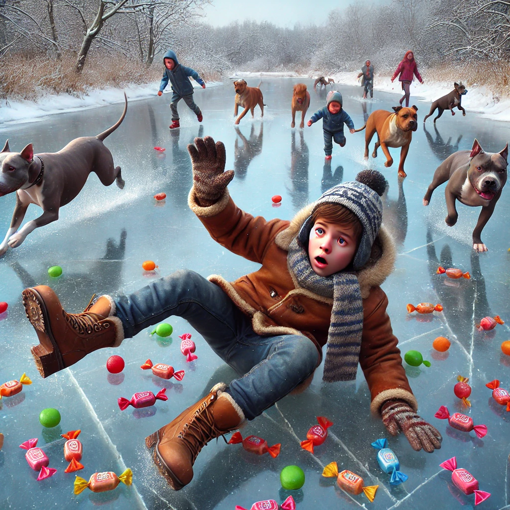 A realistic scene of a boy slipping on a frozen pond with candies scattered, while pit bulls play in the background.