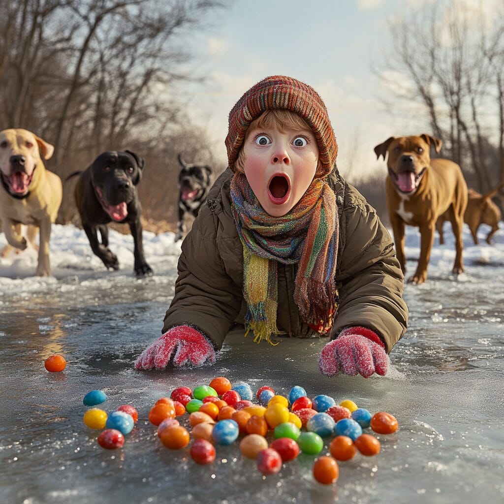 A young boy falling on a frozen pond with candies scattered on the ice and pit bulls running in the background