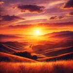 A vivid sunset over a sprawling valley with golden hues, soft grasses, and distant mountains silhouetted in warm light.