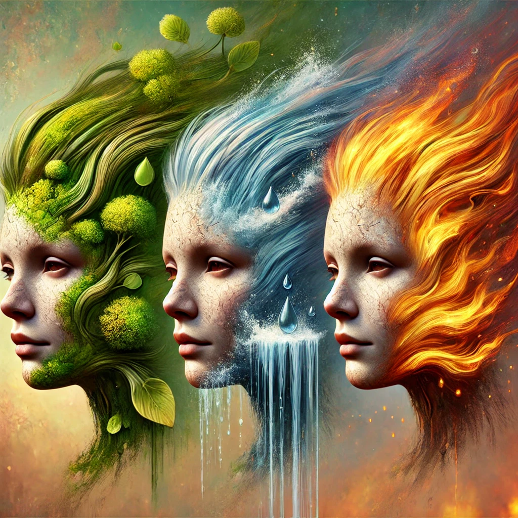 Surreal human portraits featuring hair made of water, leaves, or flames, blending natural textures with expressive faces against an abstract background.