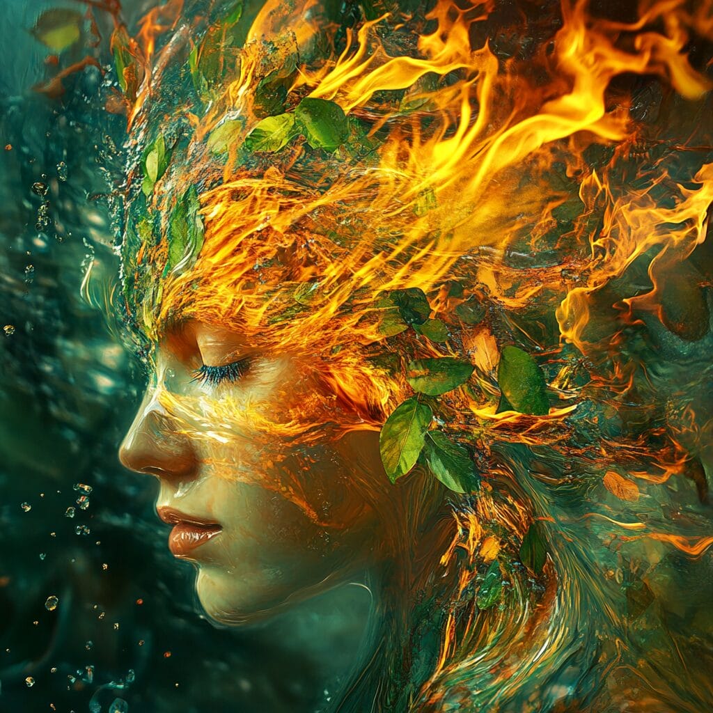 Surreal portraits of humans with hair replaced by flowing water, cascading leaves, and glowing flames, set against a soft, abstract background.