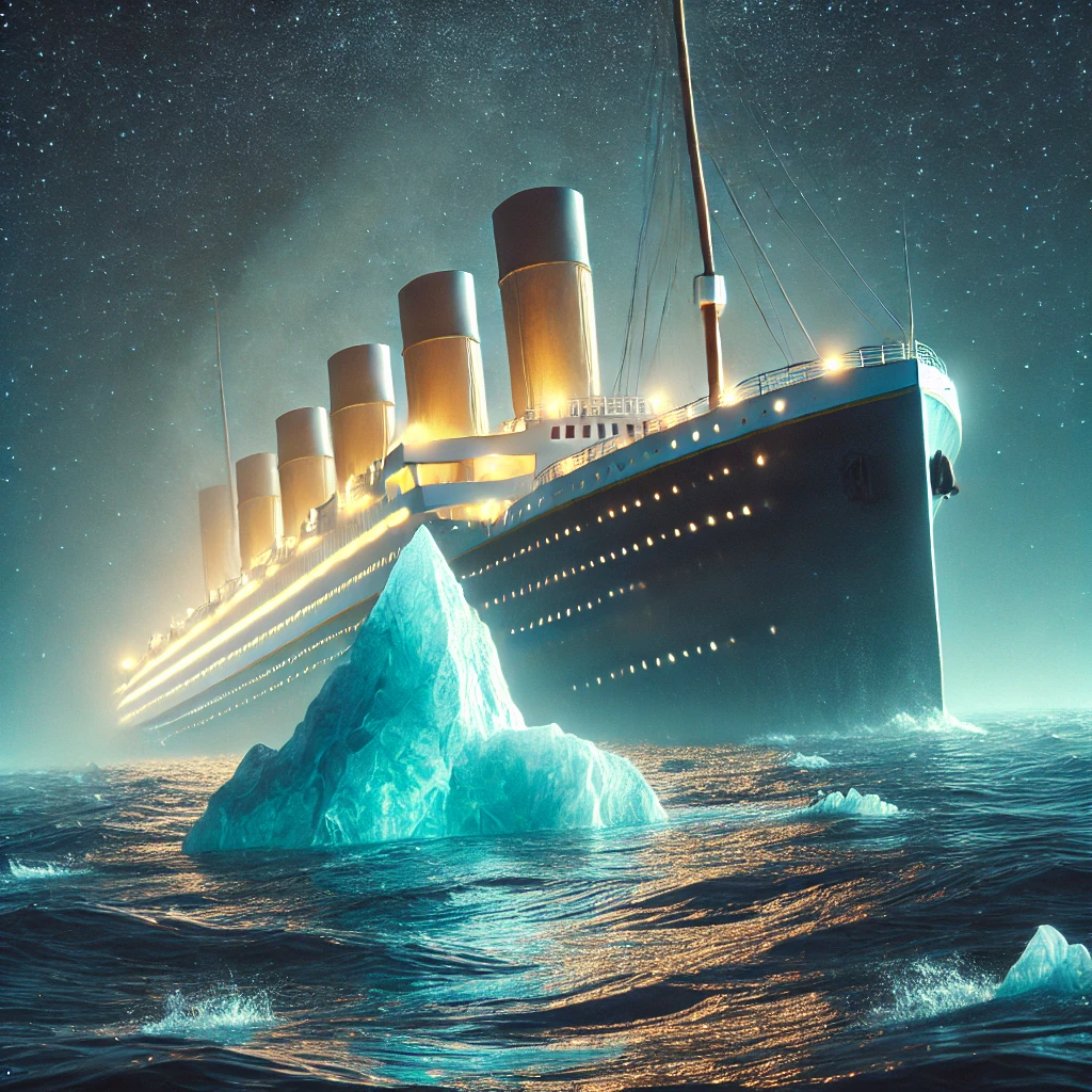 The RMS Titanic striking an iceberg at night, with dramatic lighting and detailed textures.