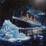 A photorealistic depiction of the Titanic hitting an iceberg at night, with warm ship lights and a cold, icy atmosphere.