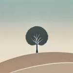 A minimalist illustration of a solitary tree on a barren hill with a gradient background transitioning from beige to pale blue.