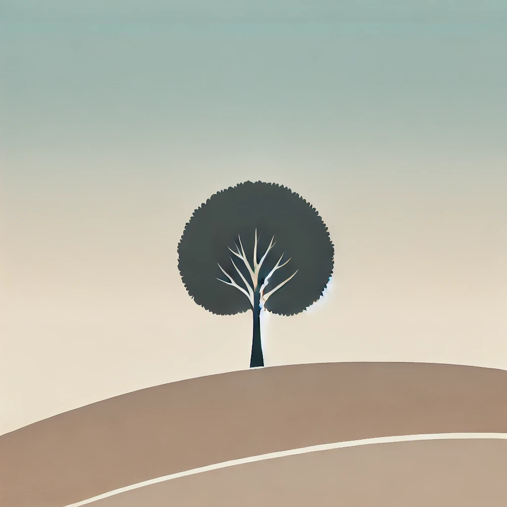 A minimalist illustration of a solitary tree on a barren hill with a gradient background transitioning from beige to pale blue.