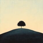 A minimalist scene of a lonely tree on a barren hill, set against a soft gradient background fading from beige to pale blue.