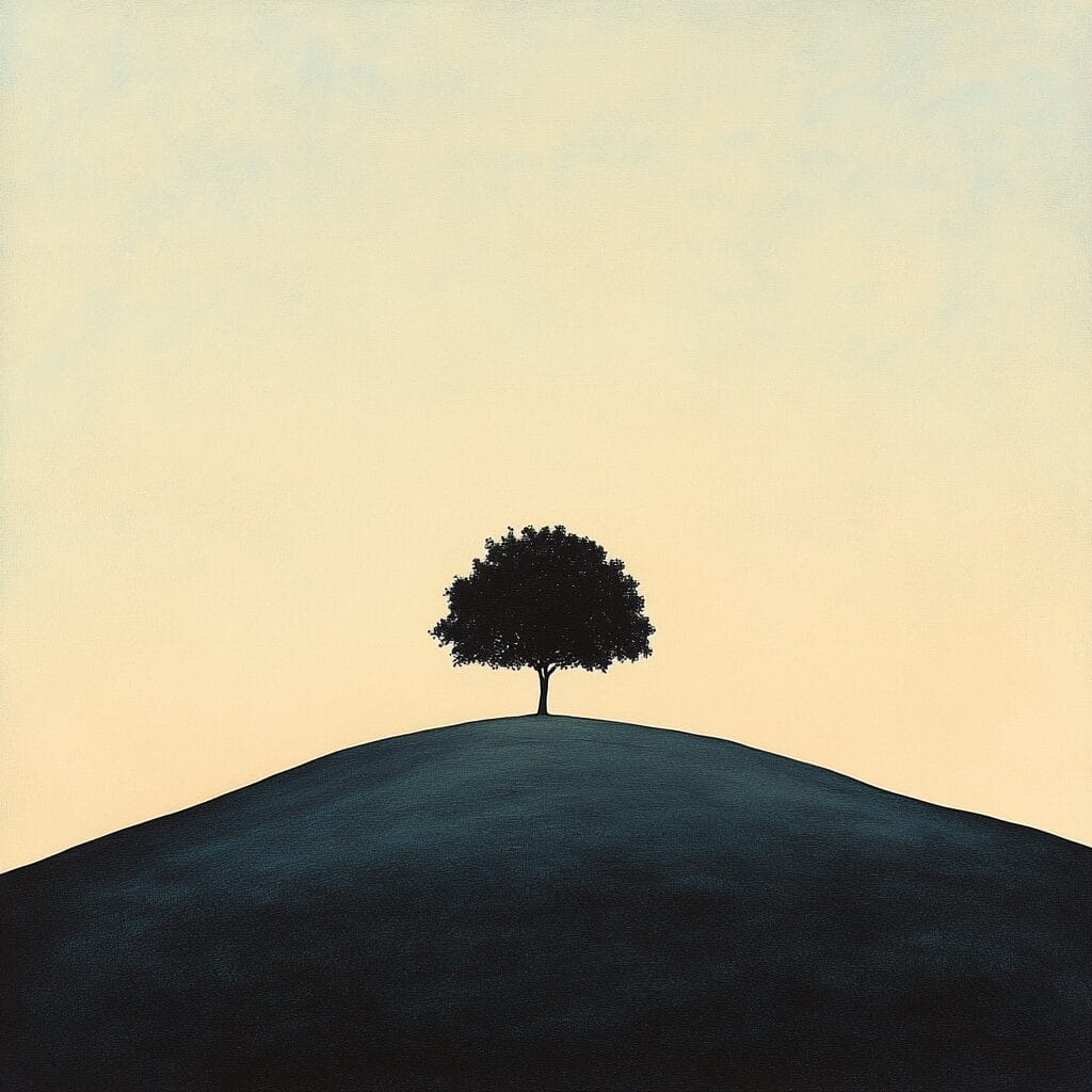 A minimalist scene of a lonely tree on a barren hill, set against a soft gradient background fading from beige to pale blue.