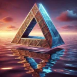 A metallic Penrose triangle covered in intricate engravings, floating above calm water with a twilight sky in the background.