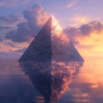 A metallic Penrose triangle with intricate engravings, floating above a calm water surface, with a twilight sky reflected below.