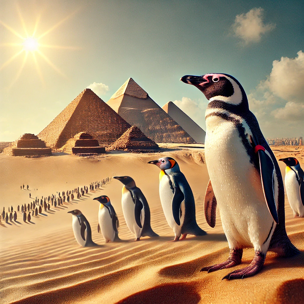 A surreal image of penguins standing in the desert near the pyramids of Giza under bright sunlight.