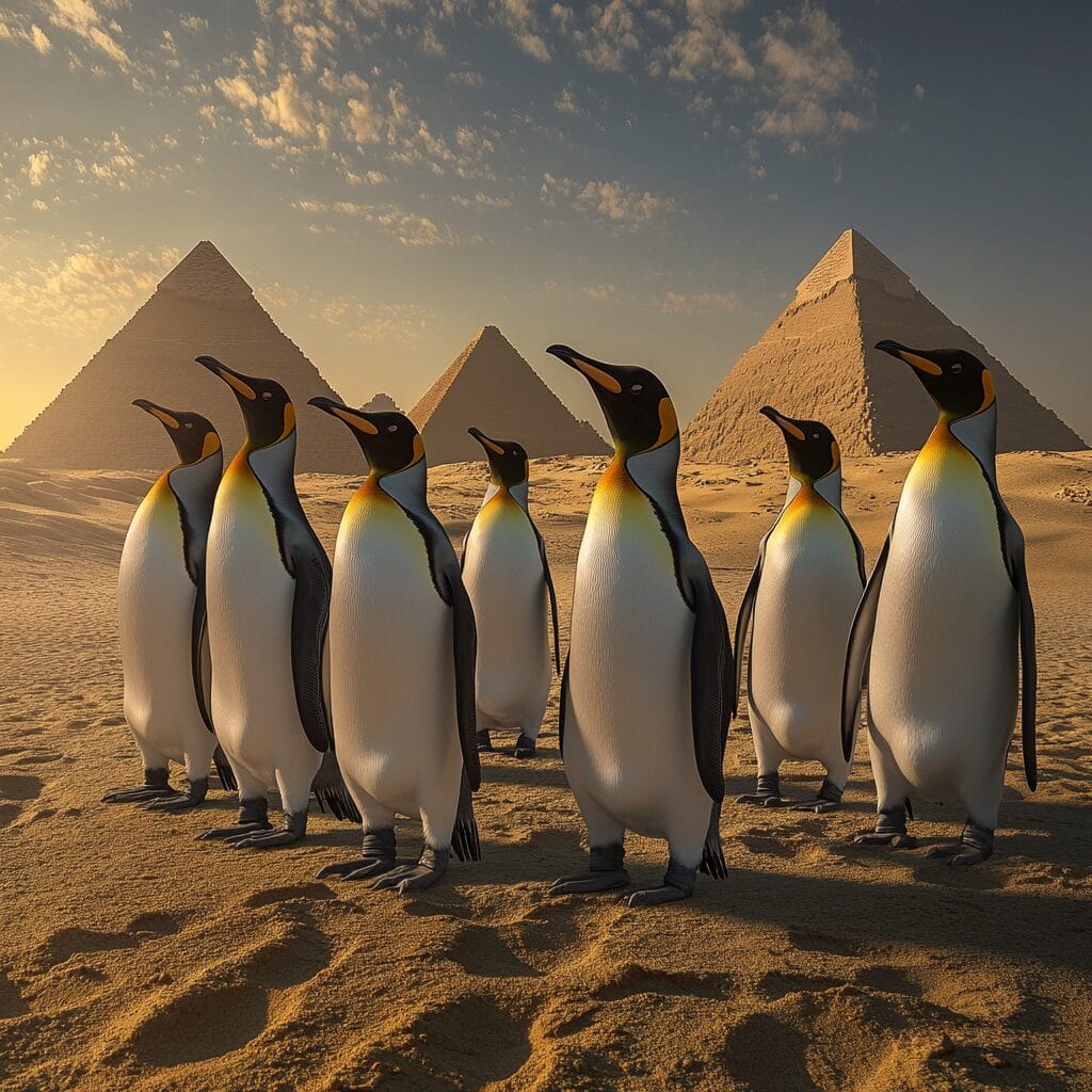 Penguins standing in the desert with the pyramids of Giza in the background under a sunny sky