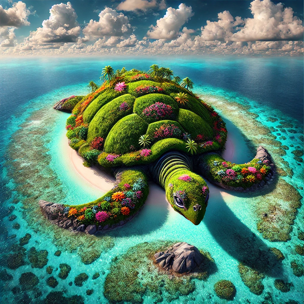 A tropical island shaped like a turtle, featuring dense jungle and vibrant flowers as its shell, rocky outcrops as head and limbs, surrounded by clear turquoise waters and coral reefs under a sunny sky.