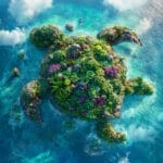 An aerial view of a tropical island shaped like a turtle, with lush greenery and flowers on its shell, rocky outcrops for its head and limbs, surrounded by clear turquoise water under a sunny sky.