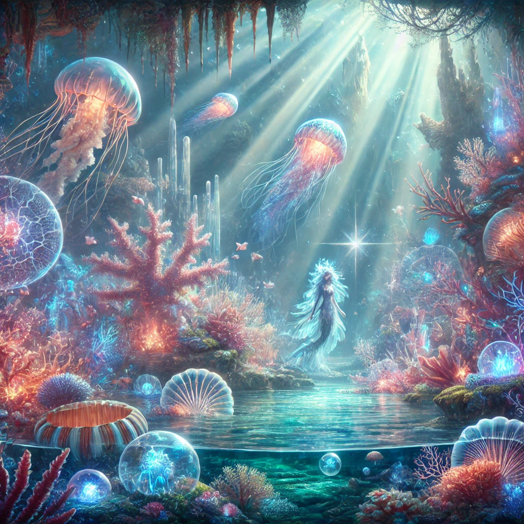 A fantasy underwater scene featuring glowing corals, mythical sea creatures, shimmering fish, and ancient city ruins illuminated by sunlight through water.