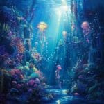 A magical underwater world with glowing corals, mythical creatures like mermaids and sea dragons, and sunlight filtering onto an ancient underwater city.