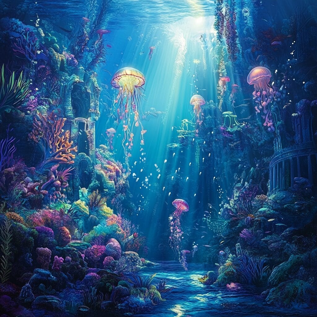 A magical underwater world with glowing corals, mythical creatures like mermaids and sea dragons, and sunlight filtering onto an ancient underwater city.