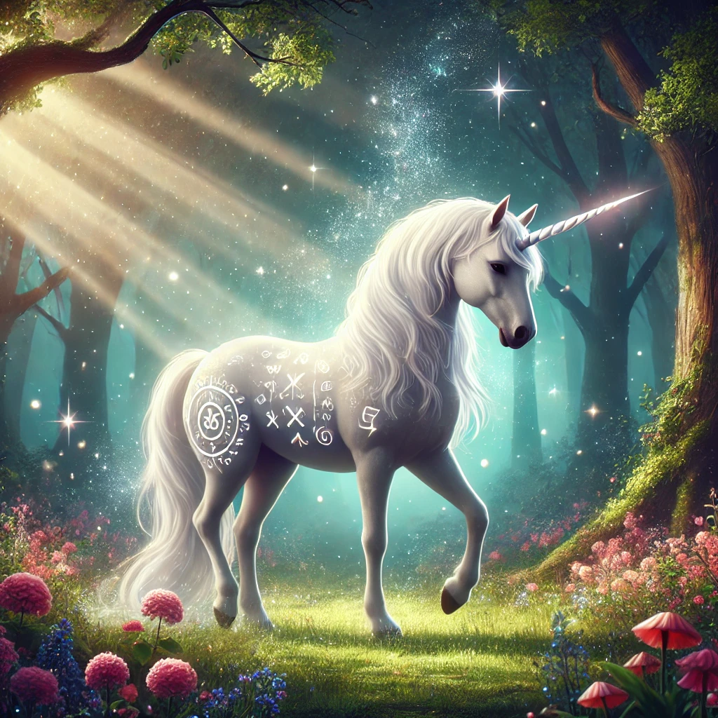 A majestic unicorn with glowing runes in an enchanted glade, surrounded by flowers and ethereal light.