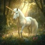 A glowing unicorn with magical runes in an enchanted forest glade, surrounded by ethereal light and sparkling particles.