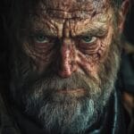 A hyper-realistic portrait of an aging warrior with deep scars, weary eyes, and rugged, weathered features.