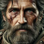 A photorealistic portrait of an aging warrior with scars, fierce eyes, and grizzled features, wearing worn armor.