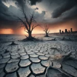 A desolate landscape with parched earth, skeletal trees, dark swirling clouds, and ancient ruins in the distance, illuminated by a faint orange sunset, creating a sense of haunting abandonment.