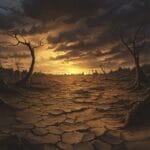 A haunting landscape of a barren wasteland with cracked earth, skeletal trees, dark storm clouds, and distant crumbling ruins illuminated by the fading orange glow of a setting sun.