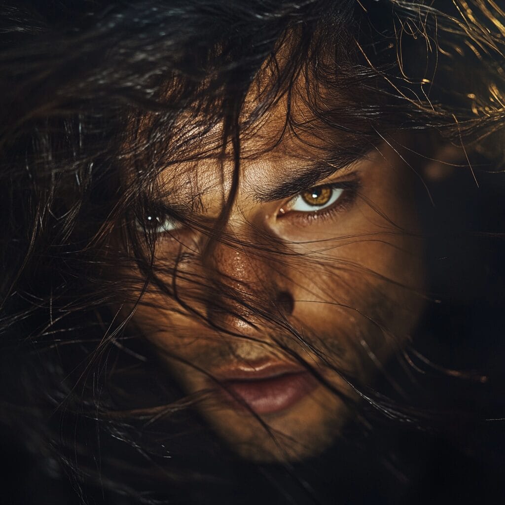 A hyper-realistic portrait of a person with wild, flowing hair swept by the wind, staring intensely into the camera.