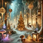 A magical Christmas forest with tall frosted trees, glowing ornaments, golden lanterns, and mythical creatures amidst luminous snow and mist.