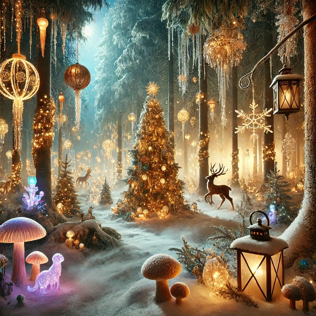 A magical Christmas forest with tall frosted trees, glowing ornaments, golden lanterns, and mythical creatures amidst luminous snow and mist.