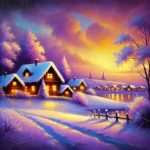 A snow-covered village with glowing cottage windows under a golden-purple sky, painted in an Impressionist style.