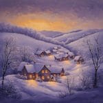 A winter village under a golden-purple twilight sky, glowing cottages, and frosted trees creating a serene atmosphere.