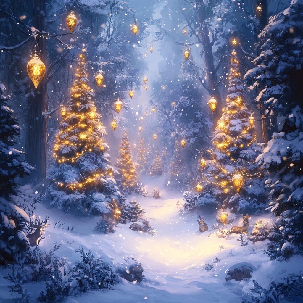 A magical Christmas forest with tall frosted trees, glowing ornaments, golden lanterns, and mythical creatures amidst luminous snow and mist.