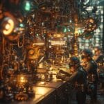 A steampunk workshop where elves are making futuristic Christmas gifts with glowing machinery and festive details."