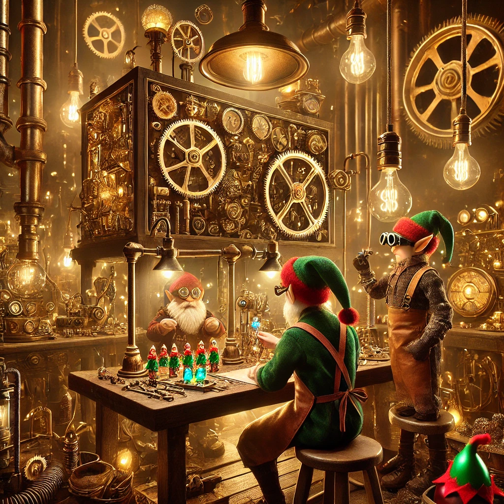 A steampunk workshop filled with elves crafting futuristic Christmas toys and gadgets in a festive industrial setting.