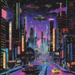 A neon-lit retro-futuristic city with flying cars and holograms, inspired by 1980s aesthetics under a starry sky.