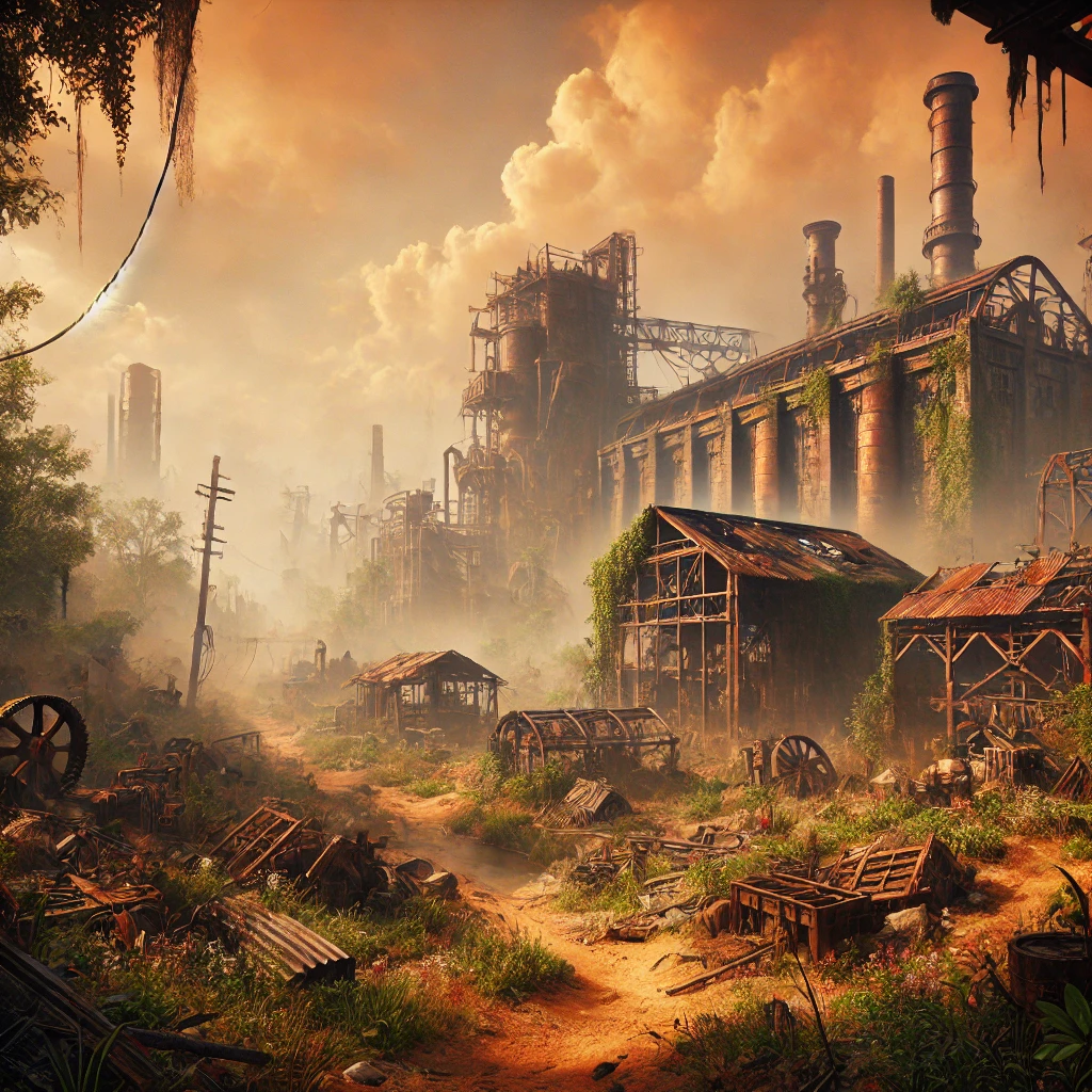 A desolate factory in a post-apocalyptic landscape with crumbling structures and an orange-tinted sky.