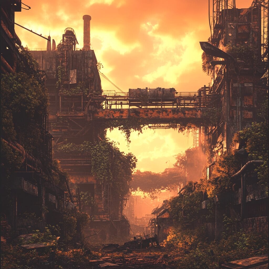 A post-apocalyptic landscape with an abandoned factory surrounded by overgrown plants under a dusty orange sky.