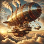 A steampunk airship in a vibrant sunset sky, featuring brass components and surrounded by glowing clouds.