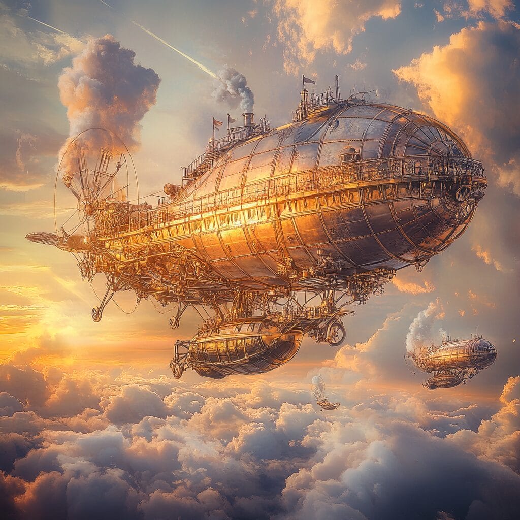 A grand steampunk airship flying through a sunset-lit cloudscape, with brass details and billowing steam.