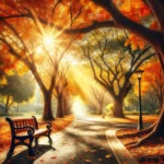 A picturesque autumn park with a tree-lined pathway, colorful leaves scattered on the ground, and soft sunlight filtering through the branches, creating a serene atmosphere.