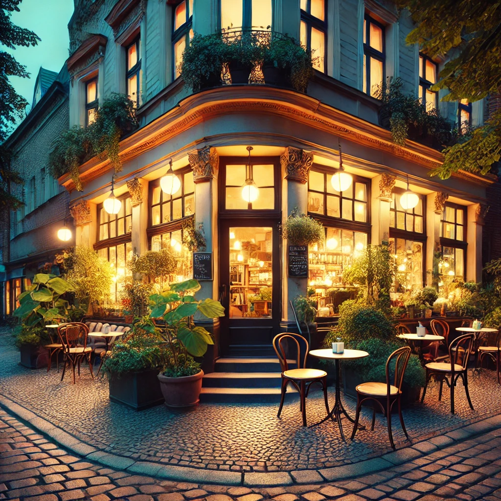 A photorealistic twilight scene of a cozy corner café, with glowing windows, outdoor seating, cobblestones, and lush greenery, creating an inviting urban atmosphere.