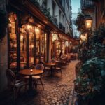 A quaint corner café illuminated by warm light, featuring outdoor seating with small tables and chairs, cobblestone streets, and lush plants, under a serene twilight sky.